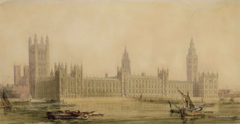 Perspectiva Vista das novas Casas do Parlamento, c.1840s (wc sobre grafite, guache, caneta e tinta sobre papel)