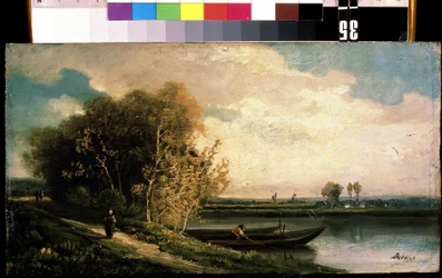 "A costa" Uma paisagem ribeirinha com um pescador e uma mulher camponesa. Pintura por Charles Barthelemy Jean Durupt (1804-1838) Museu de Arte Mikhail Kroshitsky, Sevastopol (Sebastopol) Ucrânia