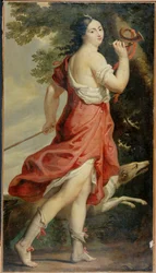 Mme. de Montespan, maitresse de Louis XIV, en Diane - a amante de Louis XIV como a deusa Diana ... (pintura sobre tela)