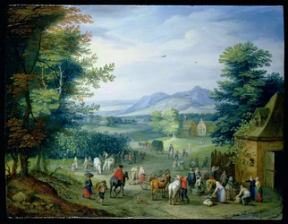 A colheita da uva, figuras em uma paisagem do país