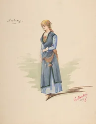 Figurino para Andrey [a], folha descritiva de acessórios [b], 1889.