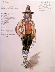 Figurino do cocheiro da ópera "Paillasse" (pagliacci, palhaços) de Ruggero Leoncavallo (1857-1919) de 1892. Aquarela de Charles Bianchini (1860-1905)