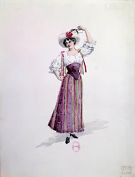Traje de jovem mulher (Nedda ou Colombine?) para a ópera "Paillasse" (de pagliacci, palhaços) de Ruggero Leoncavallo (1857-1919) de 1892. Aquarela de Charles Bianchini (1860-1905)