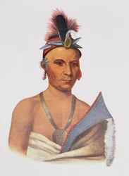 Keesheswa ou "o sol", um chefe da raposa, c.1837, ilustração "das tribos indianas de America do Norte, Vol.2", por Thomas L. McKenney e por James Salão, bar. John Grant