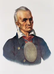 Revestimento vermelho, chefe da guerra do Seneca, 1828, ilustração "dos tribos indianos de America do Norte, Vol.1", por Thomas L. McKenney e por James Salão, bar. John Grant