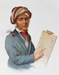 Se-quo-yah ou George Guess, 1828, ilustração de &39;Os tribos indígenas da América do Norte, Vol.1&39;, por Thomas L. McKenney e James Hall, pub. John Grant