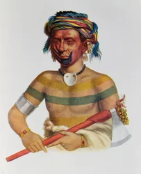 Shau-Hau-Napo-Tinia, um chefe de Iowa, 1837, ilustração "dos tribos indianos de America do Norte, Vol.1", por Thomas L. McKenney e por James Salão, bar. John Grant