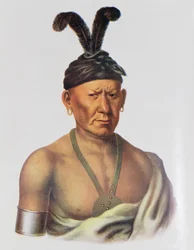 Wakechai ou "agachando a águia", um chefe de Sauk, ilustração "das tribos indianas de America do Norte, Vol.2", por Thomas L. McKenney e por James Salão, bar. John Grant