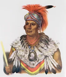 Wapella ou o chefe do príncipe das raposas, ilustração de 1837, "das tribos indianas de America do Norte, Vol.2", por Thomas L. McKenney e por James Salão, bar. John Grant