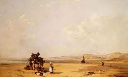 Pescadores descarregando suas capturas na praia na Baía de Cardigan