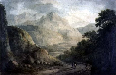Paisagem: um córrego rochoso com bancos arborizados, do século XIX