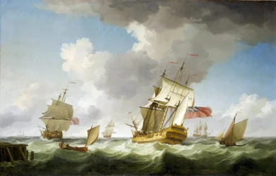 Um navio mercante da Companhia Britânica das Índias Orientais com vento forte, perto do cais, que acaba de deixar. Óleo sobre tela, cerca de 1750, de Charles Brooking (1723-1759).
