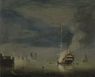 A Two-Decker on Fire at Night off a Fort, c.1740 (óleo sobre tela)