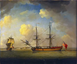 Um navio "Naval Snow", um navio britânico com dois mastros, utilizado para transportar mantimentos para a Marinha Real, no horizonte, em Fort Tilbury, no Tamisa, Inglaterra