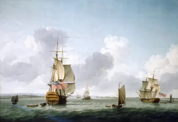 Um navio com dois conveses e uma fragata a subir o Tamisa (Inglaterra), ao largo de Gravesend. Óleo sobre tela de Charles Brooking (1723-1759).