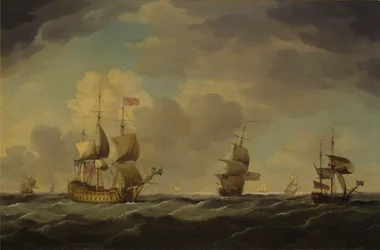 Um navio de bandeira inglês sob vela fácil numa brisa moderada