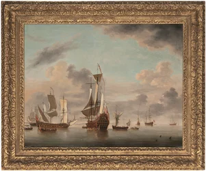 Um inglês de dois andares com quarenta armas de fogo, ancorado ao largo de uma costa com uma galeota perto e cinco homens de guerra além (petróleo sobre tela)