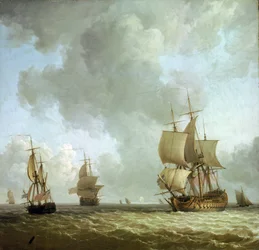 Navios da Marinha Real Britânica soprando ao vento do oceano. Óleo sobre tela, cerca de 1750, de Charles Brooking (1723-1759).