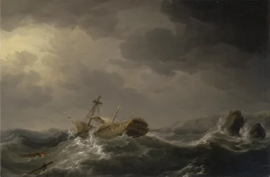 Navio naufragado em costa rochosa