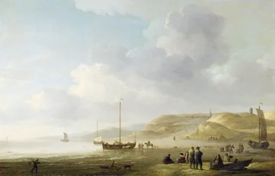 A costa perto de Scheveningen com pescadores rosa na costa (óleo sobre tela)
