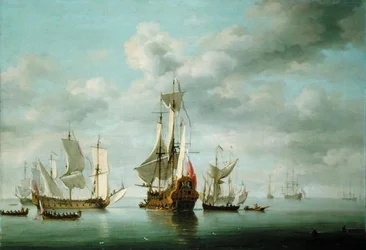 Navios de Guerra Becalmed (óleo sobre painel)