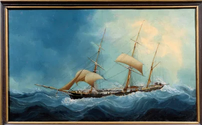 Um veleiro de três esteiras em vôo Pintura de Charles Cheri Dubreuil (Cheri-Dubreuil) (1828-1880) 1865 - Fecamp. Musee Des Terre Neuvas - Um navio de três mastros em fuga. Pintura de Charles Dubreuil (século XIX)