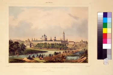 Vista do Mosteiro de Sarov. O convento de Serafim de Sarov (1759-1833), um santo ortodoxo. Obra de Charles Claude Bachelier (primeira metade do século XIX), gravura colorida com aguarela, início do século XIX. Arte