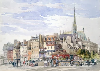 Sainte-Chapelle e Palácio da Justiça junto ao cais Pont Saint-Michel". Aguarela. Charles Claude Pyne (1802-1878) Pintor inglês de paisagens e géneros. Paris, França