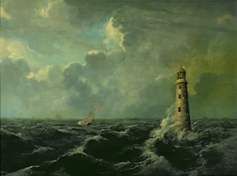 Seascape com farol (óleo a bordo)