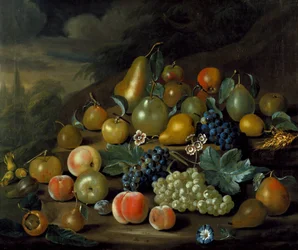 Natureza morta de peras, pêssegos e uvas
