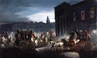 O Técnico de Correio de Edimburgo e outros treinadores em uma rua lamplit (petróleo)