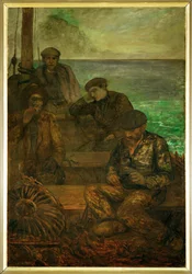 País do Mar - tríptico, painel esquerdo: Os que partem (pintura sobre tela)