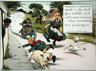 Alerta de Abordagem. Arte. IV.(5) Ele deve dar aviso sonoro e suficiente...ao ultrapassar passageiros a pé, a partir de um livro de regras da estrada, publicado c.1905 (cor litho)