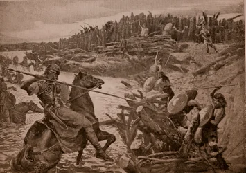 César atravessa o Tamisa, ilustração de «A História da Nação Britânica de Hutchinson», c. 1920