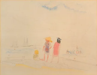 Duas mulheres e criança na praia (wc e lápis sobre papel)