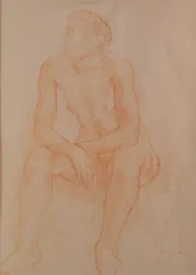 Nua sentada (giz vermelho sobre papel)