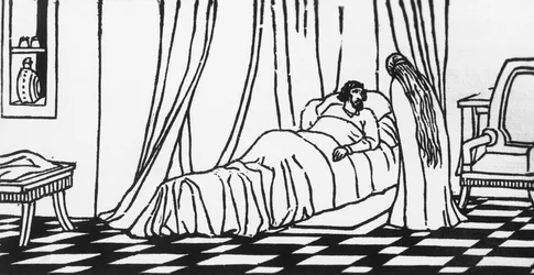 Melisande visitando Golaud, que está deitado na cama depois de cair do cavalo, talhada por Charles Doudelet (1861-1938) para Pelleas e Melisande por Maurice Maeterlinck (1862-1949), publicada por Claudio Argentieri, Spoleto, Itália