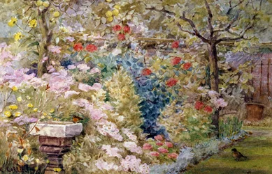 Um jardim de verão. Jardim de verão com pássaros, flores e fonte. Pintura de Charles Earle (1832-1893 britânico) Coleção particular