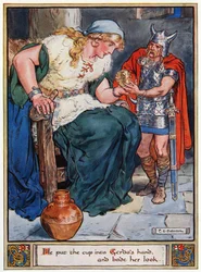 "Colocou a taça na mão de Gerda e disse:" Heróis de Asgard, contos da mitologia escandinava ", de A und E Keary, 1930