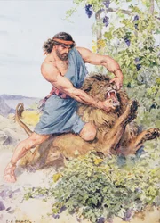 &39;Ele pegou o leão e o rasgou em pedaços&39;, ilustração de &39;Through the Bible&39;, publicação da Venture, 1928
