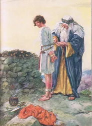 Isaque vai morrer Ilustração de Através da Bíblia, Virtude Publishing, 1928