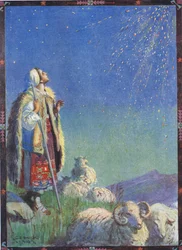 Ele desceu como uma chuva de faíscas, cena de "A História do Vaga-lume" em "Histórias infantis de lendas romenas" por Moses Gaster (1856-1939) 1921