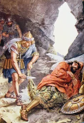 &39;Uma vez ele salvou a vida de Saul quando o encontrou em uma caverna, dormindo&39; ilustração de &39;Through the Bible&39; Vintage Publishing, 1928
