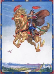 O cavalo voou pelo ar, cena de O Cavaleiro das Flores em Histórias Infantis de Lendas da Rumania por Moses Gaster (1856-1939) 1921