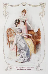 Solucionaram a sua miséria através de duetos depois do jantar", ilustração de "Orgulho e Preconceito" de Jane Austen