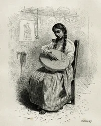 A bordadeira, em Salento, região de Quindio (Colômbia), gravada por Ch. Delort, para ilustrar a história da América Equinoxiale de E. Andre, missão do governo francês, publicada no tour du monde, sob a direção de Edouard Charto