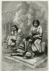 O estrago de uma criança pela sua mãe e a fabricação de aguardente de cana (rum), perto de Cali (Vale do Cauca, Colômbia), gravado por Ch.Delort, para ilustrar a história da Equinoxiale America por E.Andre, uma missão do governo francês, publicada