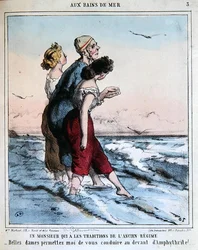 Homem tradicional acompanhando duas jovens senhoras para tomar banho no mar, c.1850-70 (cor litho)