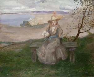 Menina, com, um, buquet, acima, Swanage, baía, 1899