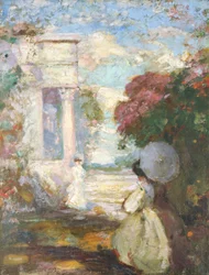 Paisagem lírica com duas figuras no vestido do século XIX, 1890-1900